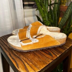 Birkenstock Arizona Shearling Lined Suede Sandals Women's Amber Comfort 8.5